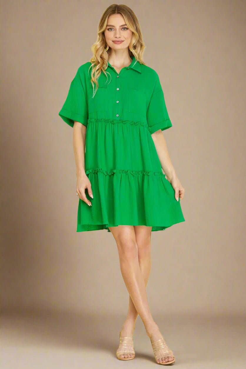 SHE + SKY - Tiered Gauze Mini Shirt Dress in Kelly Green