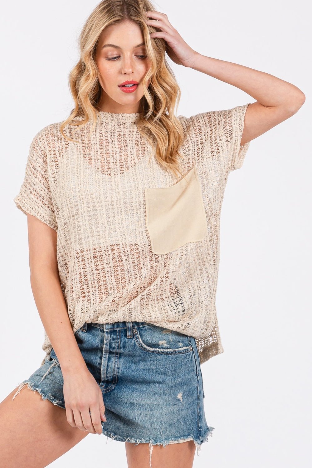 Sheer Crochet Mock Neck Top in OatmealTopCes Femme