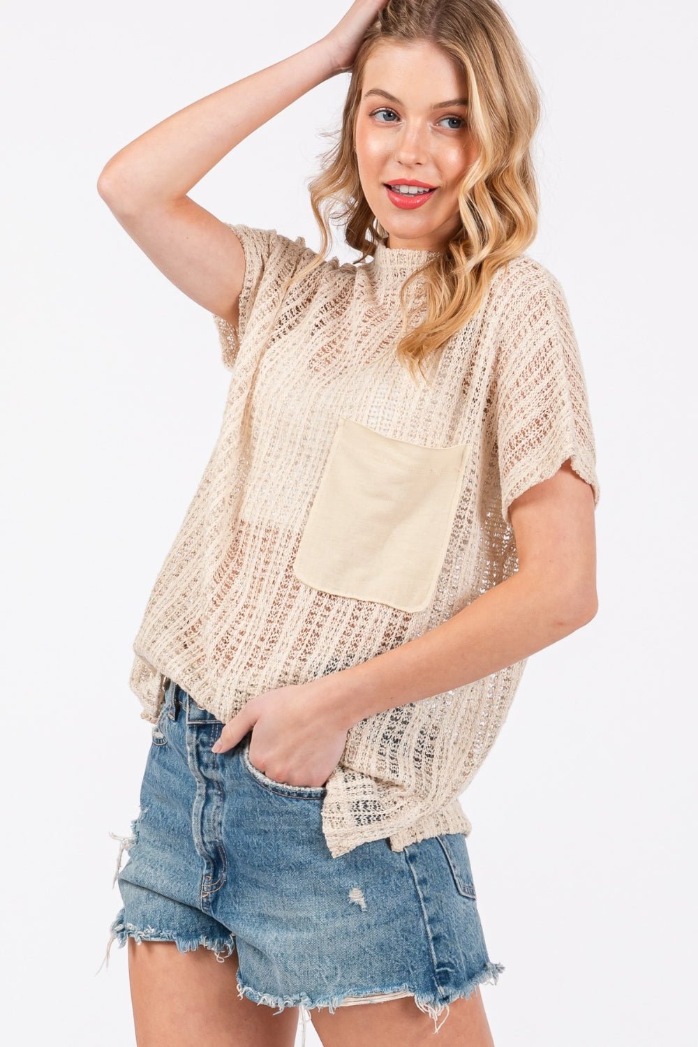 Sheer Crochet Mock Neck Top in OatmealTopCes Femme