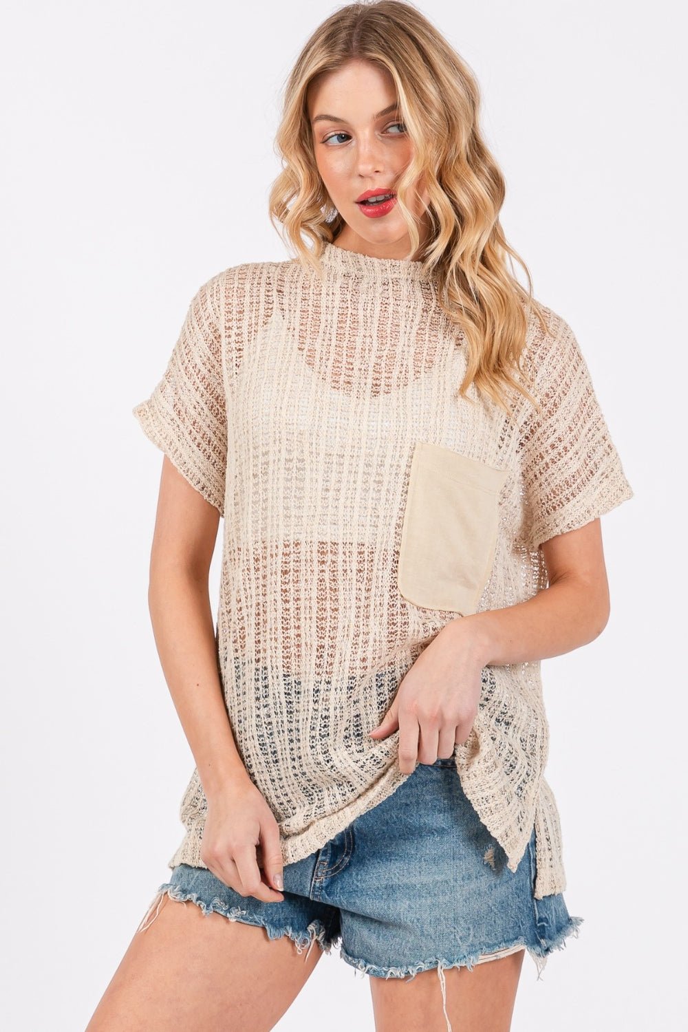 Sheer Crochet Mock Neck Top in OatmealTopCes Femme