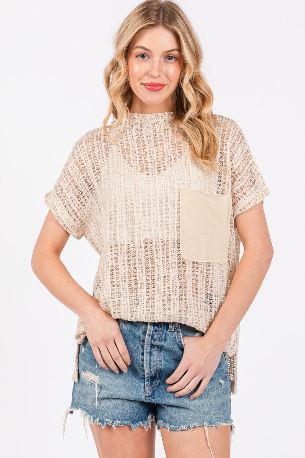 Sheer Crochet Mock Neck Top in OatmealTopCes Femme