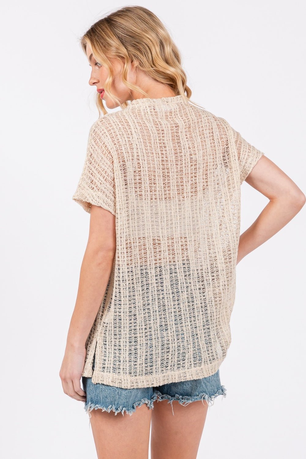 Sheer Crochet Mock Neck Top in OatmealTopCes Femme