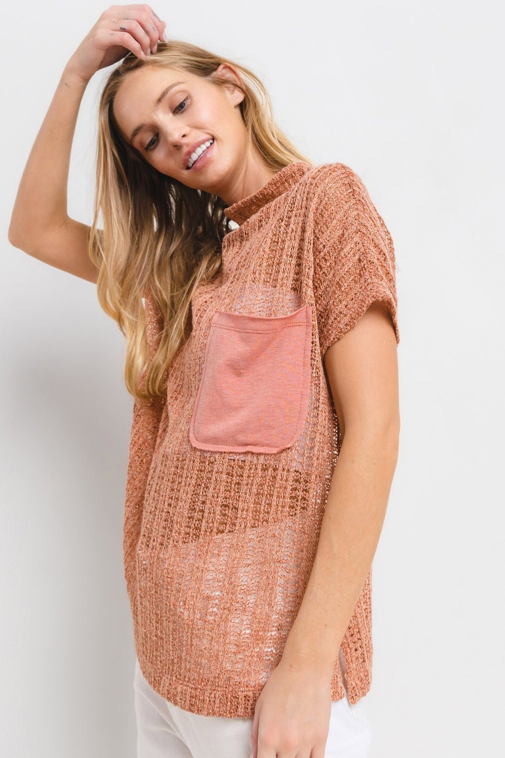 Sheer Crochet Mock Neck Top in RustTopCes Femme