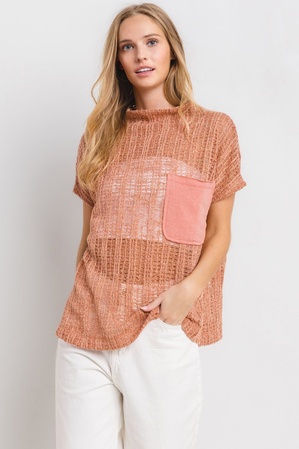 Sheer Crochet Mock Neck Top in RustTopCes Femme