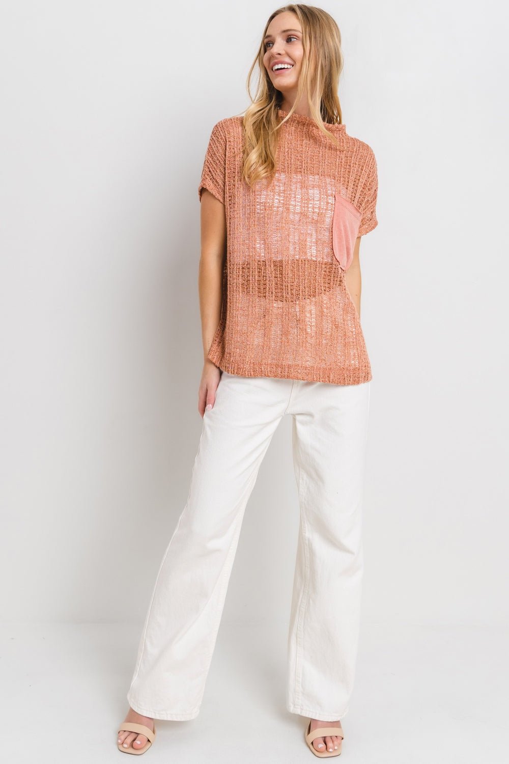 Sheer Crochet Mock Neck Top in RustTopCes Femme