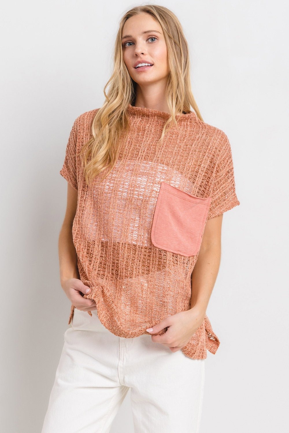 Sheer Crochet Mock Neck Top in RustTopCes Femme