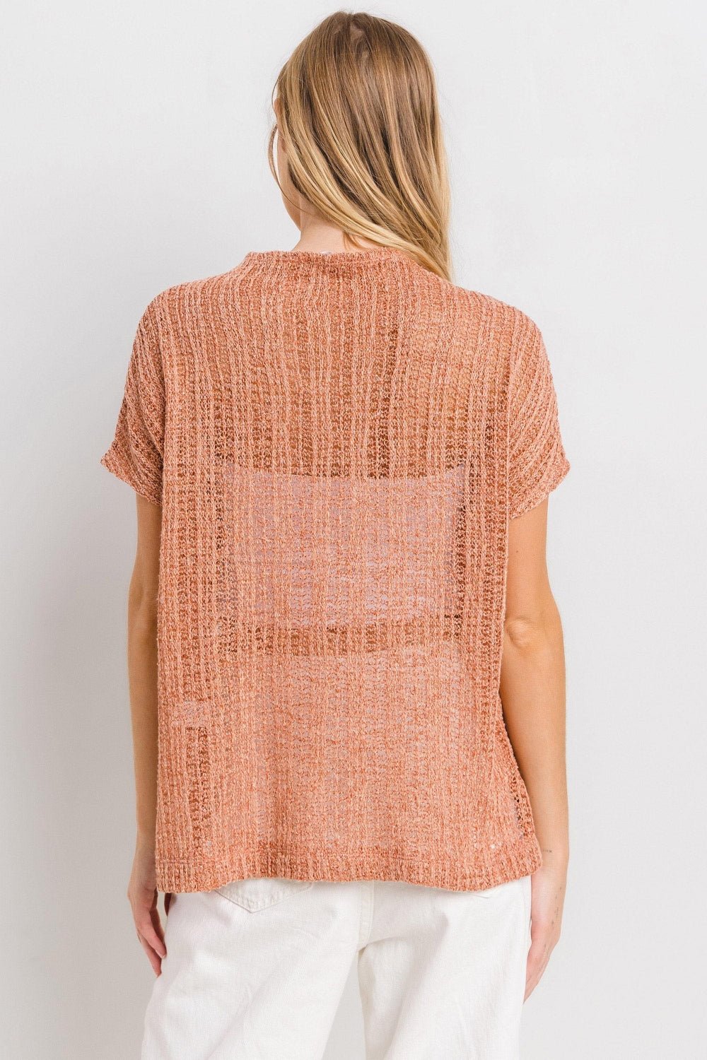 Sheer Crochet Mock Neck Top in RustTopCes Femme