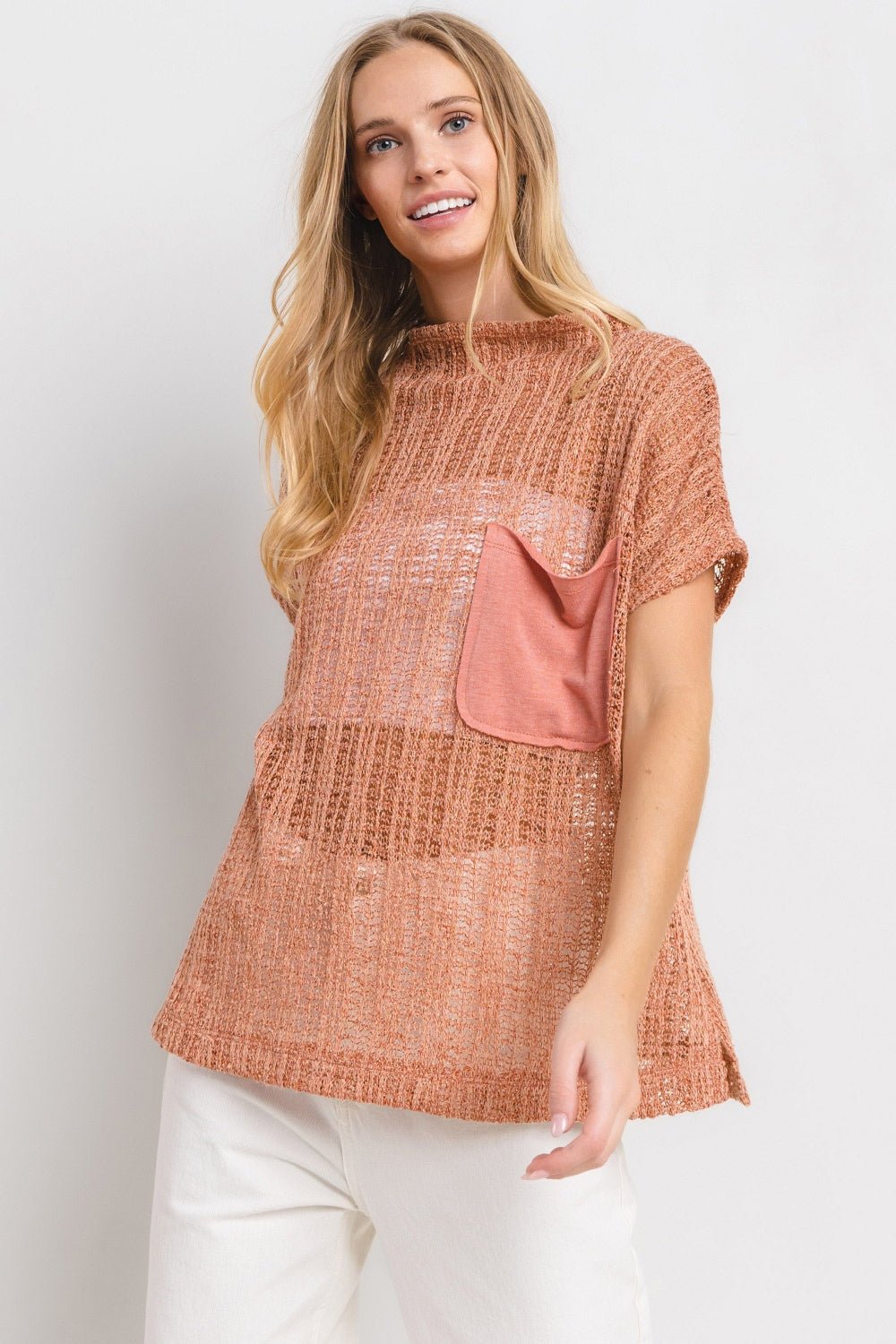 Sheer Crochet Mock Neck Top in RustTopCes Femme