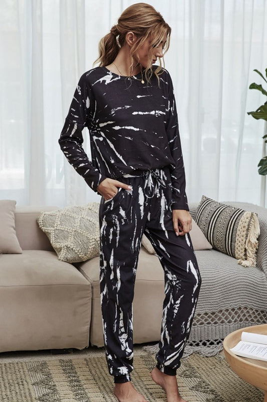 SHINYTie - Dye Top and Drawstring Waist Joggers Lounge Set in Black