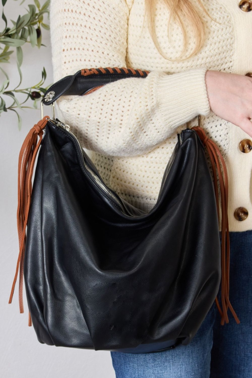 SHOMICO - Vegan Leather Fringe Detail Contrast Hobo Bag