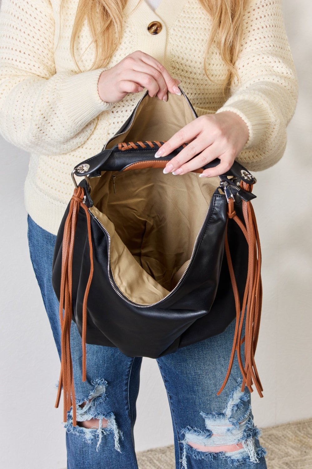 SHOMICO - Vegan Leather Fringe Detail Contrast Hobo Bag