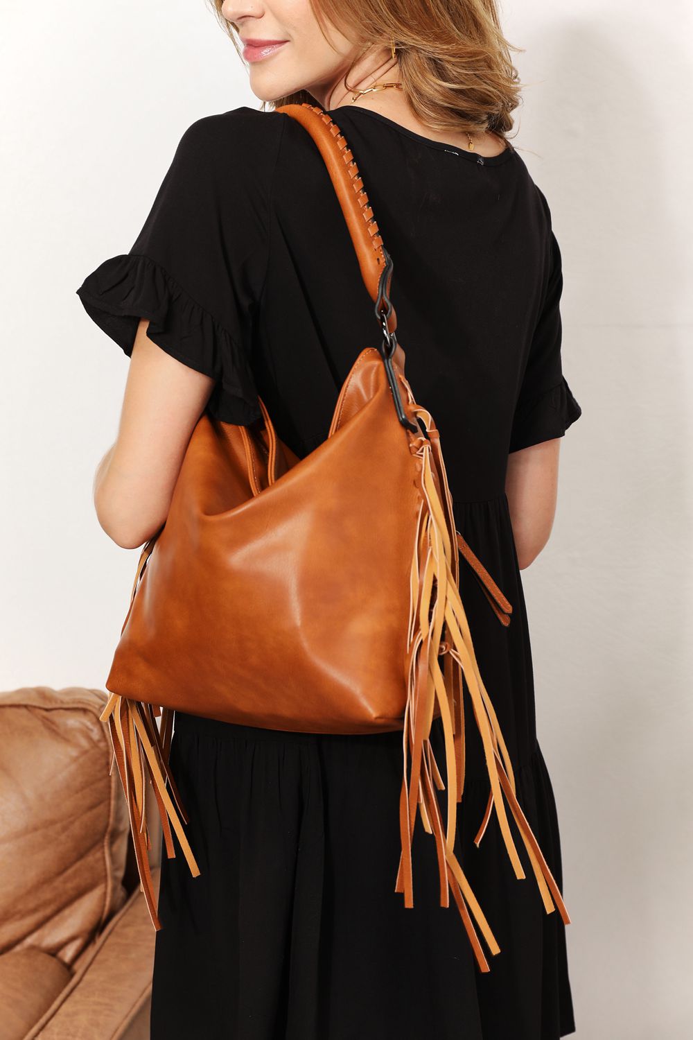 SHOMICO - Vegan Leather Fringe Detail Shoulder Bag