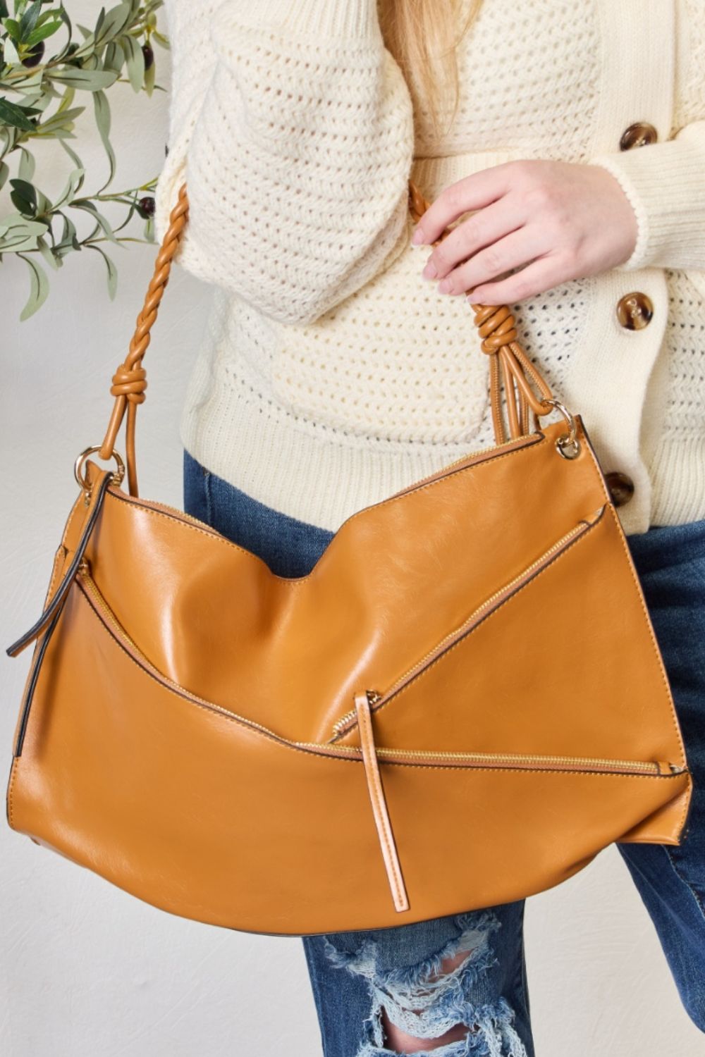 SHOMICO - Vegan Leather Zipper Detail Shoulder Bag with Pouch