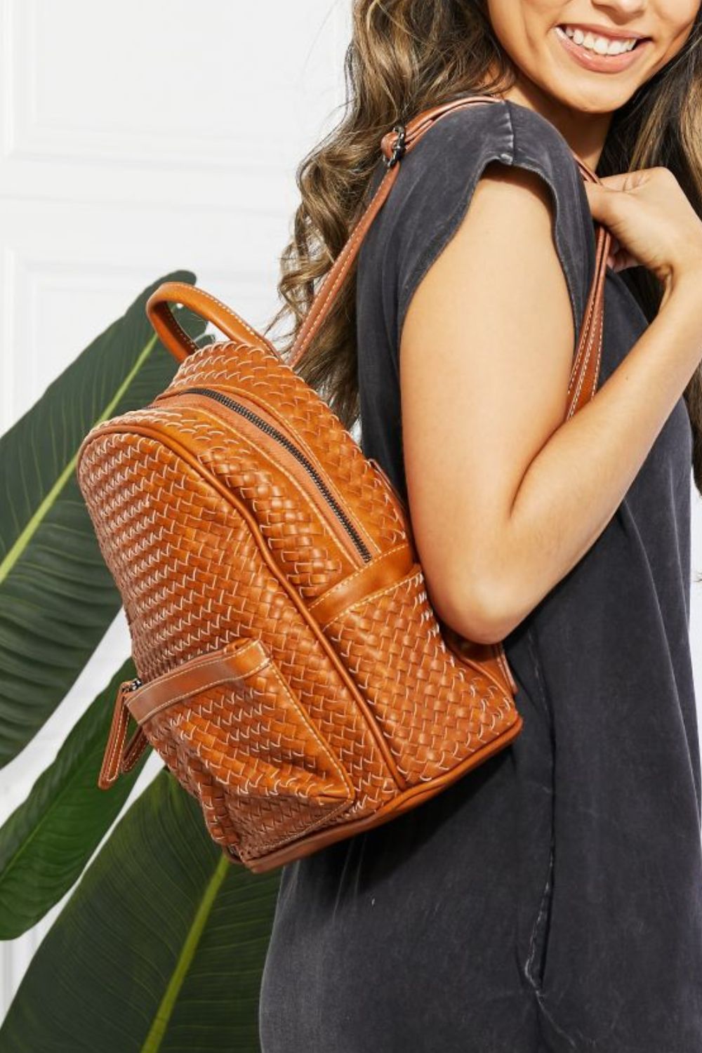 SHOMICOVegan Leather Woven Backpack in Brown