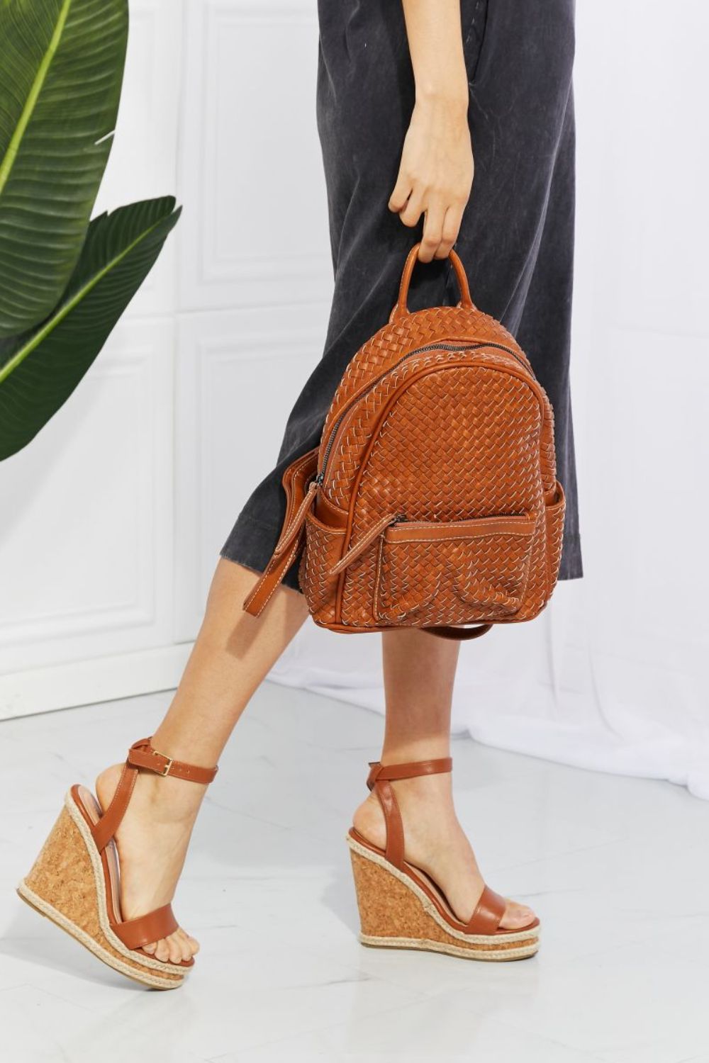 SHOMICOVegan Leather Woven Backpack in Brown