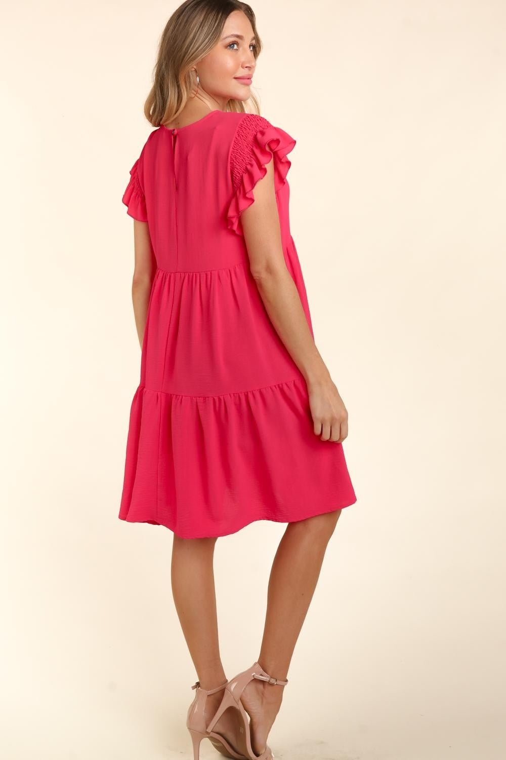 Short Ruffle Sleeve Mini Dress with Pockets in FuchsiaMini DressHaptics