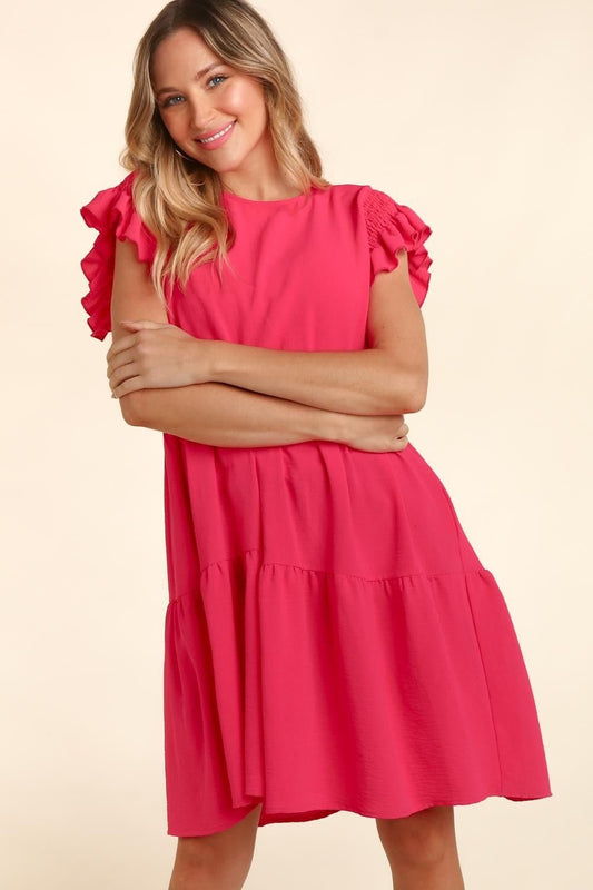 Short Ruffle Sleeve Mini Dress with Pockets in FuchsiaMini DressHaptics