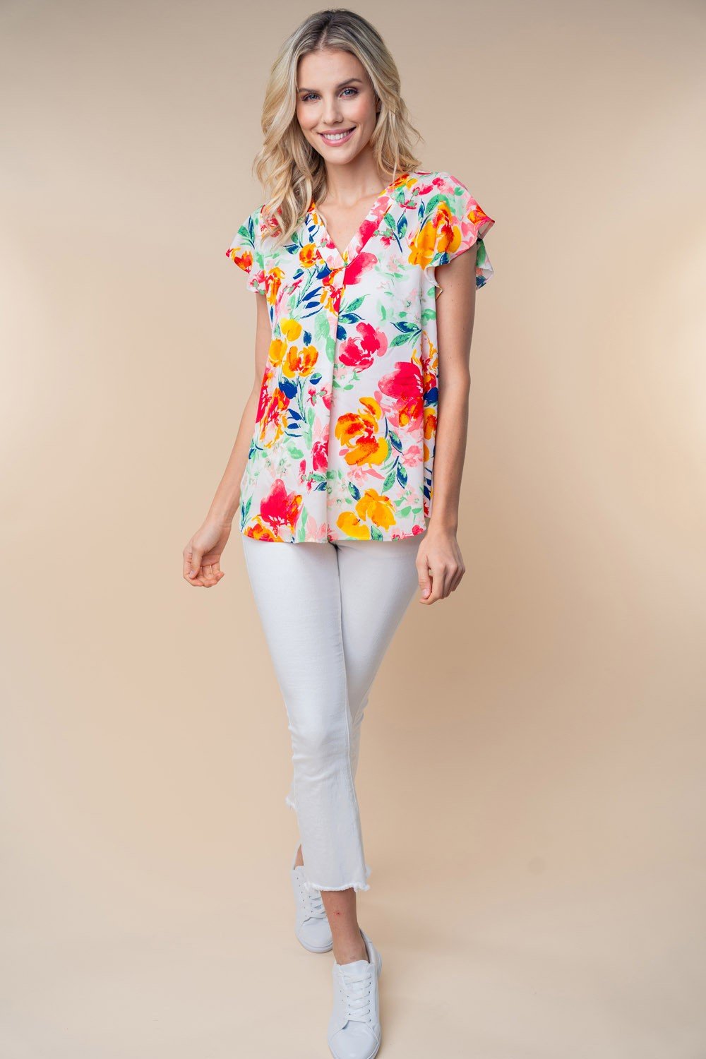 Short Sleeve Floral Woven Top in White MultiTopWhite Birch