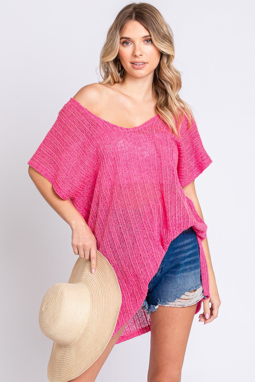 Short Sleeve Knit Cover Up in Hot PinkCover-UpGeeGee