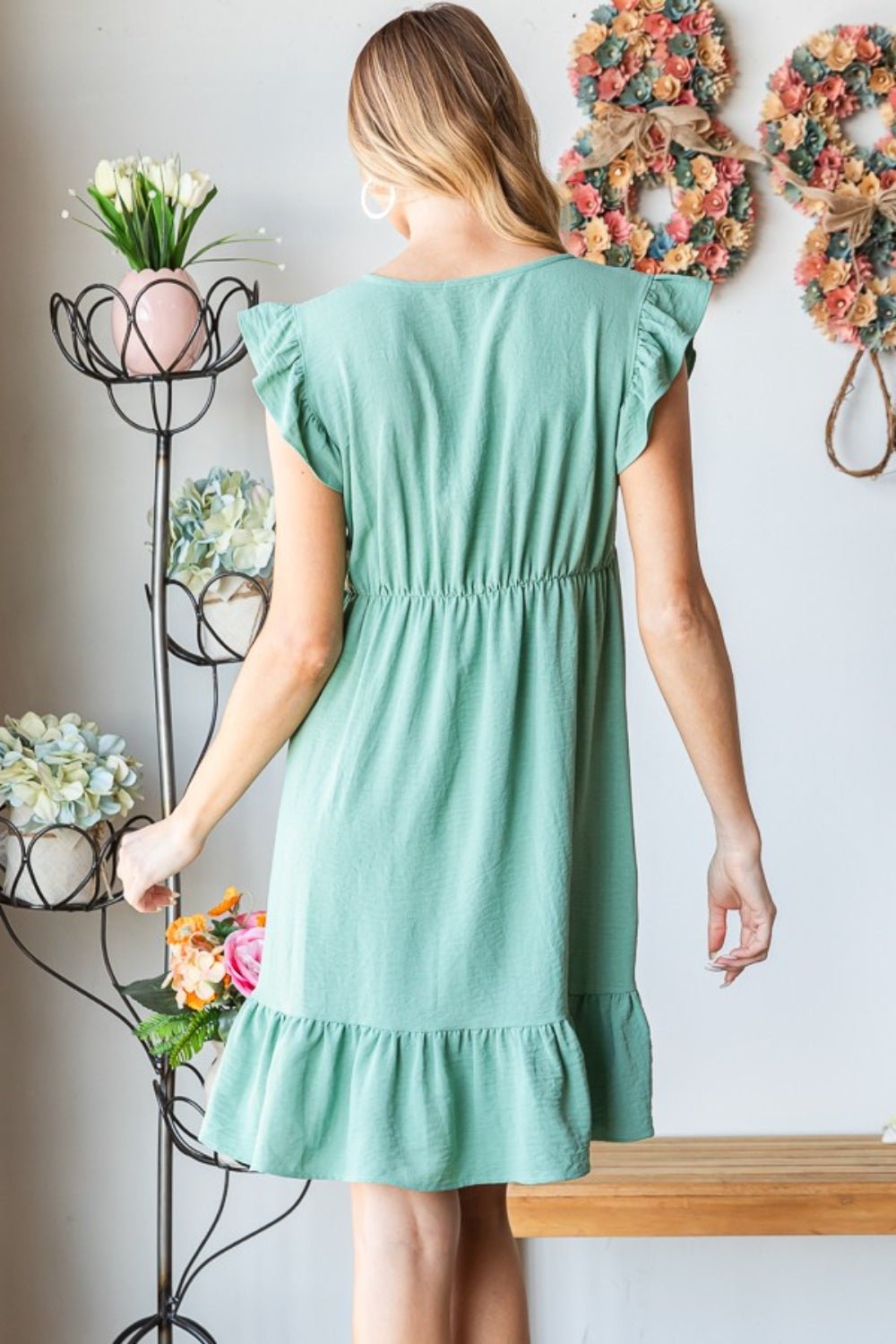 Short Sleeve V-Neck Ruffled Hem Mini Dress in Dusty SageMini DressHeimish