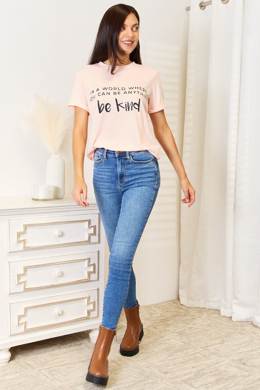 Simply Love - Be Kind Graphic Cuffed T-Shirt in Blush Pink