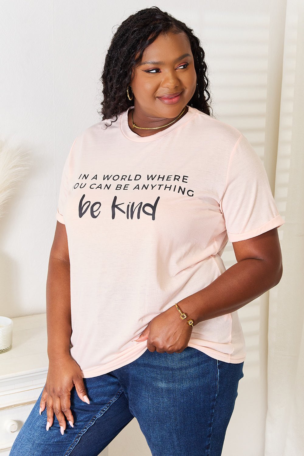 Simply Love - Be Kind Graphic Cuffed T-Shirt in Blush Pink