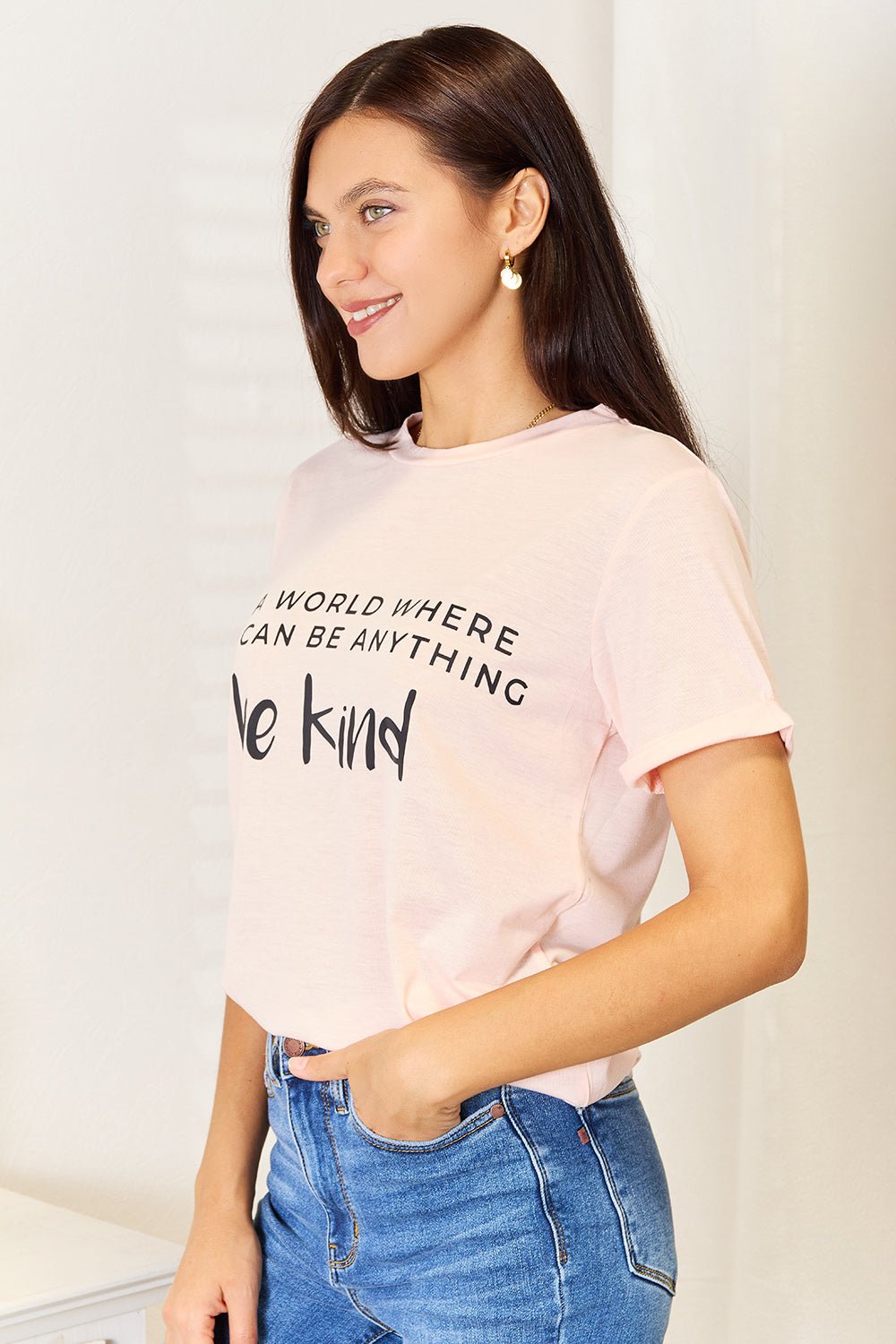 Simply Love - Be Kind Graphic Cuffed T-Shirt in Blush Pink