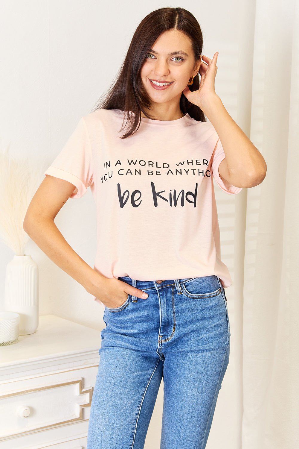 Simply Love - Be Kind Graphic Cuffed T-Shirt in Blush Pink