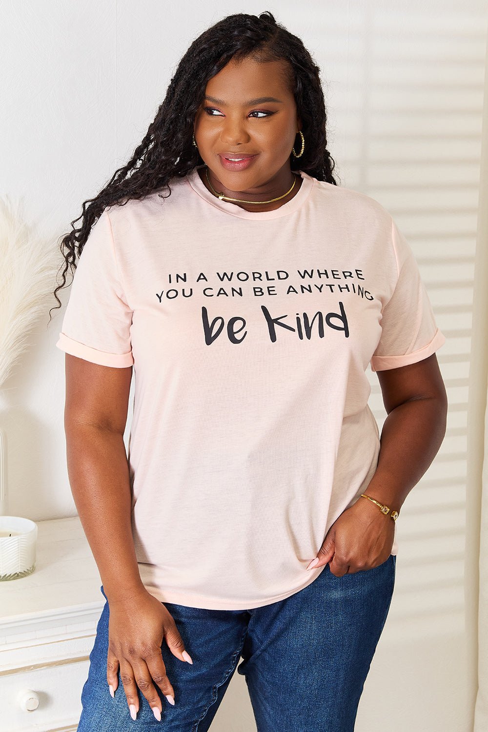 Simply Love - Be Kind Graphic Cuffed T-Shirt in Blush Pink