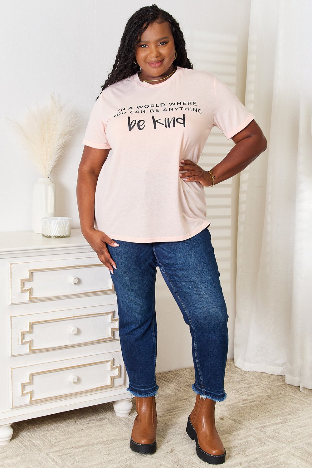 Simply Love - Be Kind Graphic Cuffed T-Shirt in Blush Pink