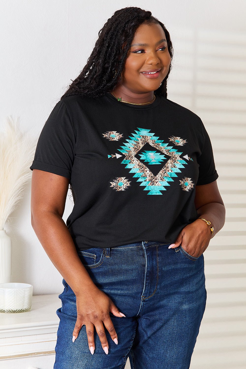 Simply Love - Black Aztec Graphic Short Sleeve T-Shirt