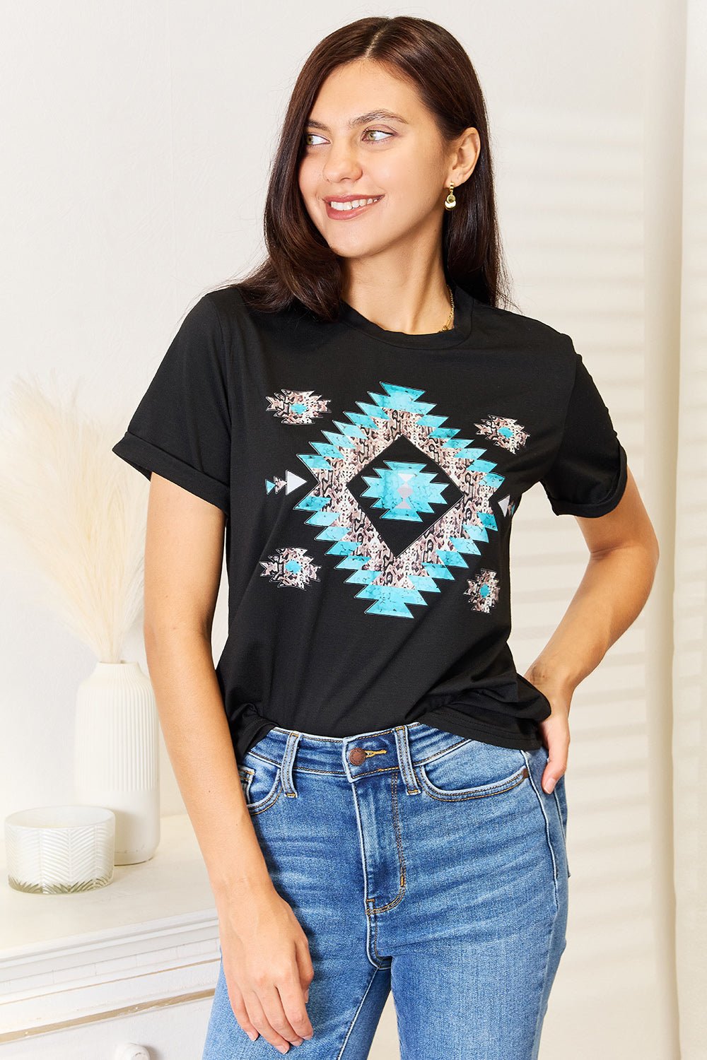 Simply Love - Black Aztec Graphic Short Sleeve T-Shirt