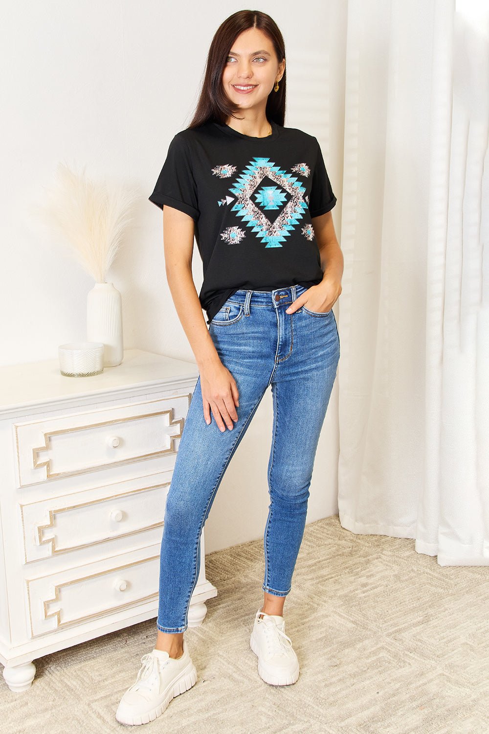 Simply Love - Black Aztec Graphic Short Sleeve T-Shirt