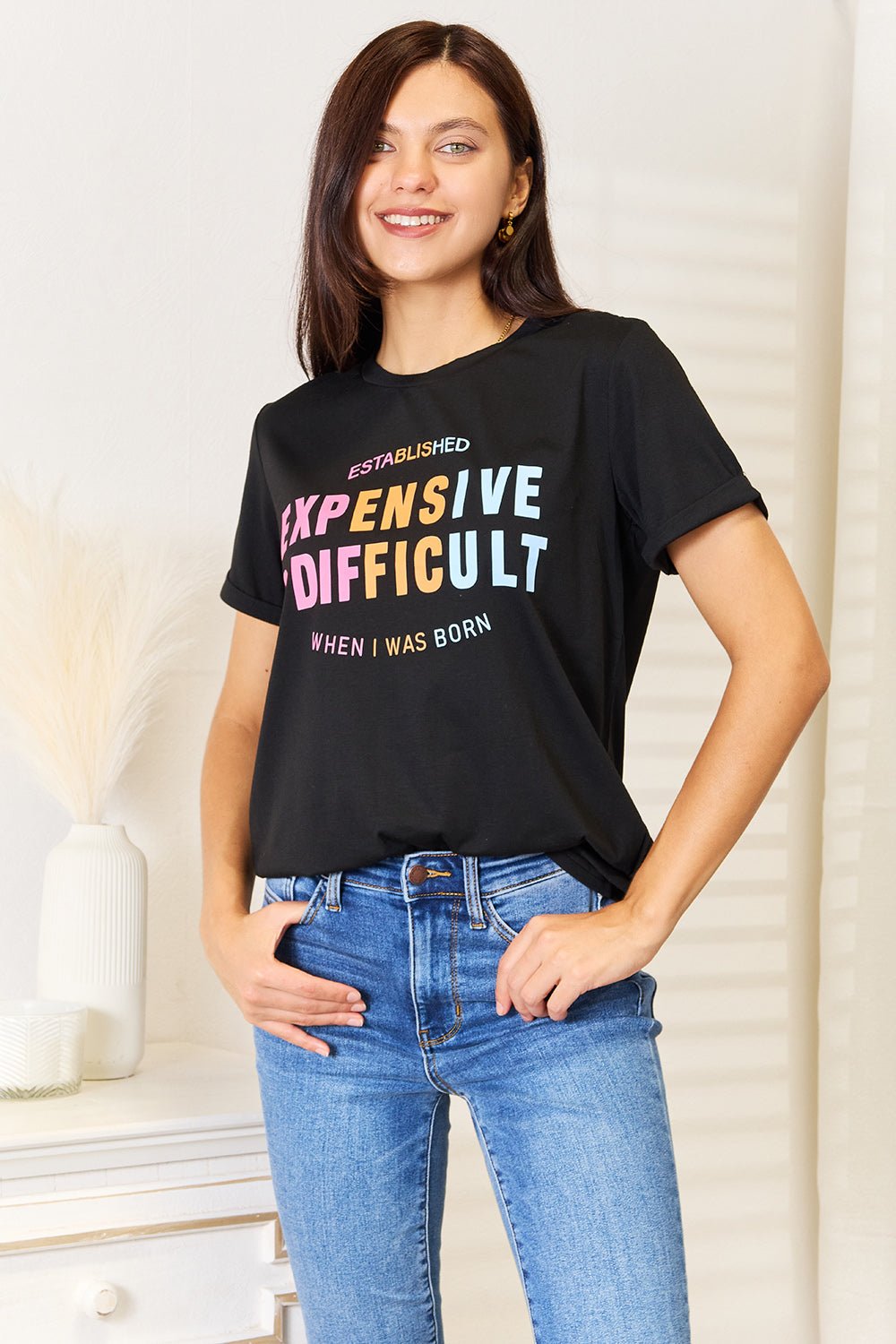 Simply Love - Black Expensive & Difficult Graphic Cuffed Sleeve T-Shirt