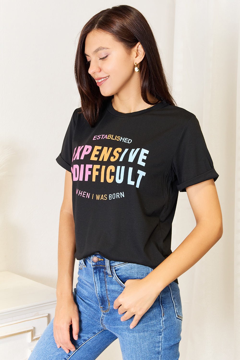 Simply Love - Black Expensive & Difficult Graphic Cuffed Sleeve T-Shirt