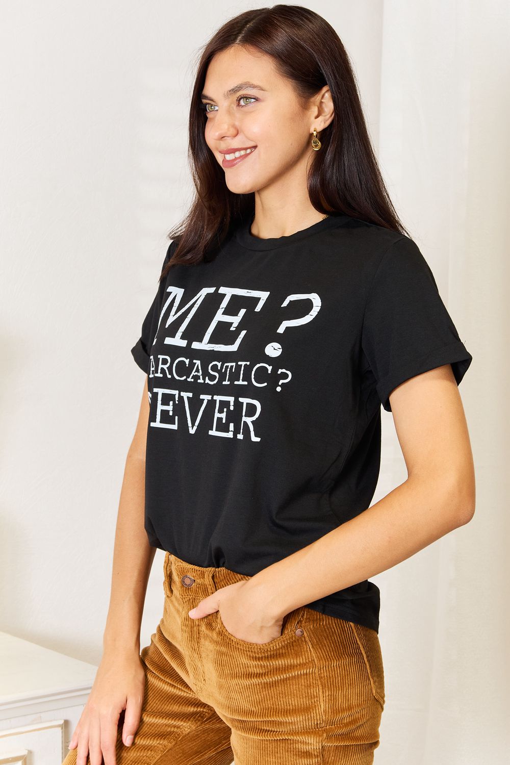 Simply Love - Black Me? Sarcastic? Never Graphic Crew Neck T-Shirt