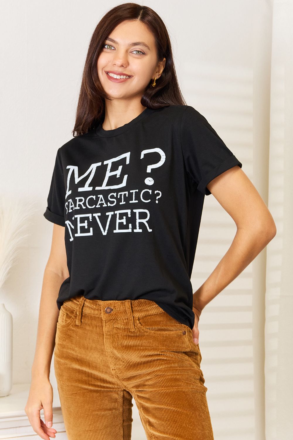 Simply Love - Black Me? Sarcastic? Never Graphic Crew Neck T-Shirt