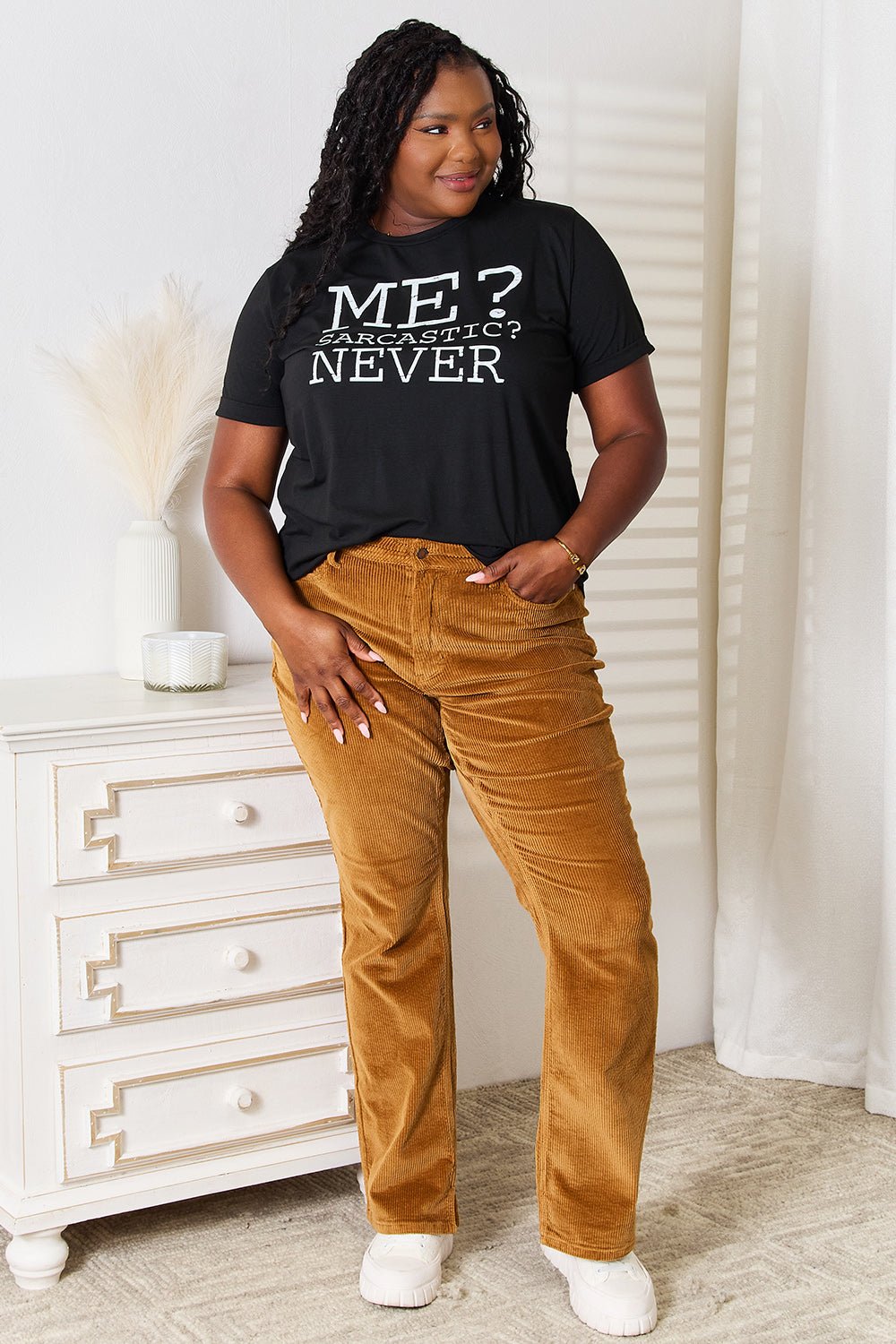 Simply Love - Black Me? Sarcastic? Never Graphic Crew Neck T-Shirt