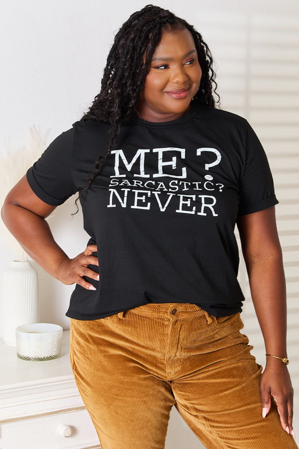 Simply Love - Black Me? Sarcastic? Never Graphic Crew Neck T-Shirt