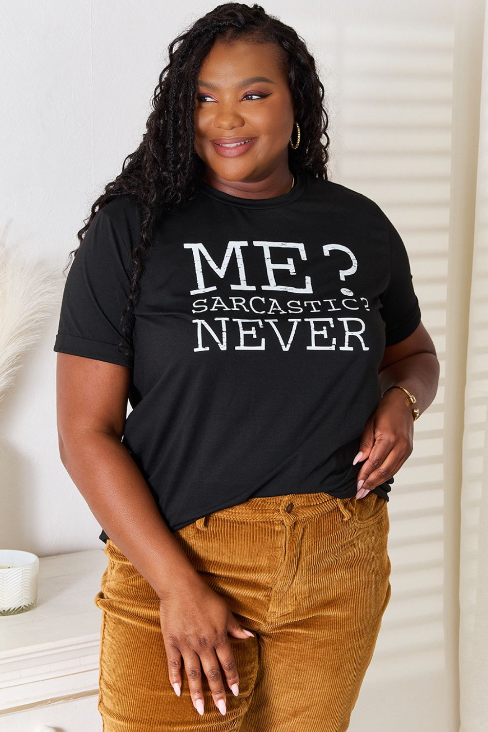 Simply Love - Black Me? Sarcastic? Never Graphic Crew Neck T-Shirt