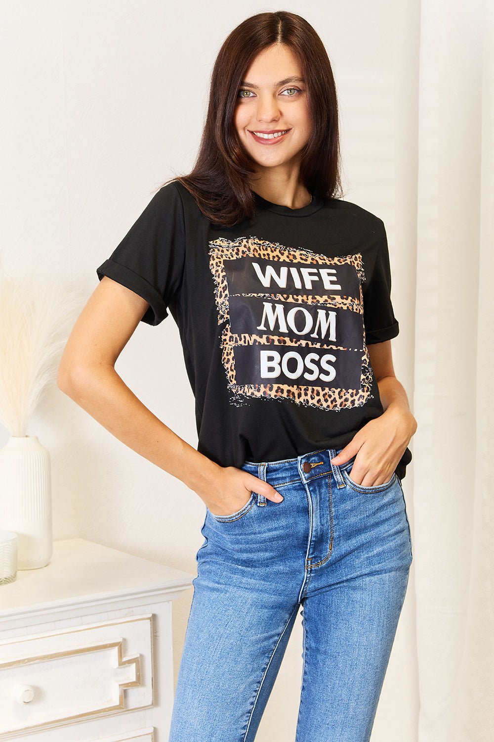 Simply Love - Black Wife Mom Boss Leopard Graphic T-Shirt