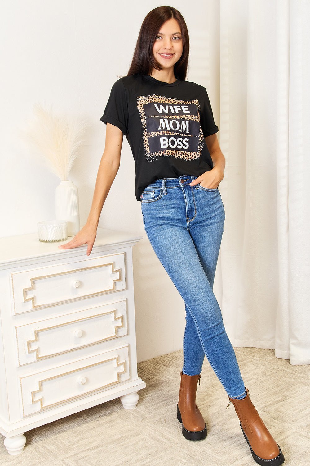 Simply Love - Black Wife Mom Boss Leopard Graphic T-Shirt