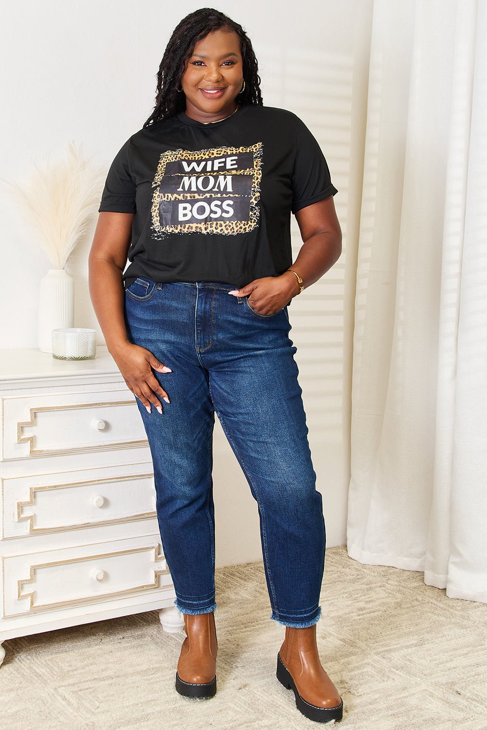 Simply Love - Black Wife Mom Boss Leopard Graphic T-Shirt