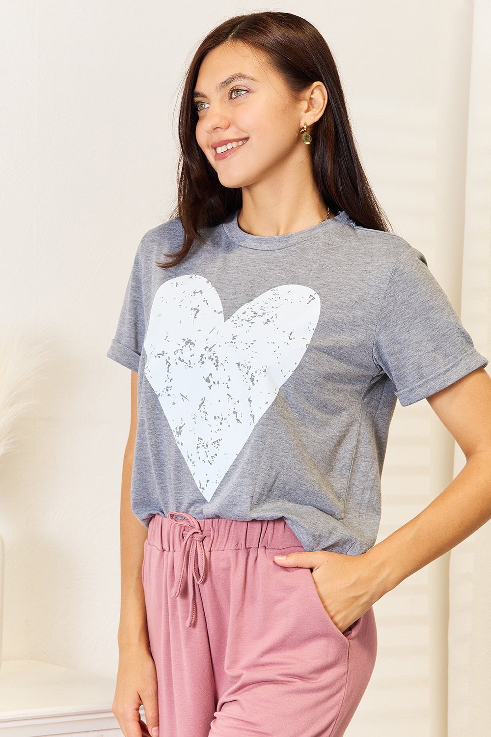 Simply Love - Gray Heart Graphic Cuffed Short Sleeve T-Shirt