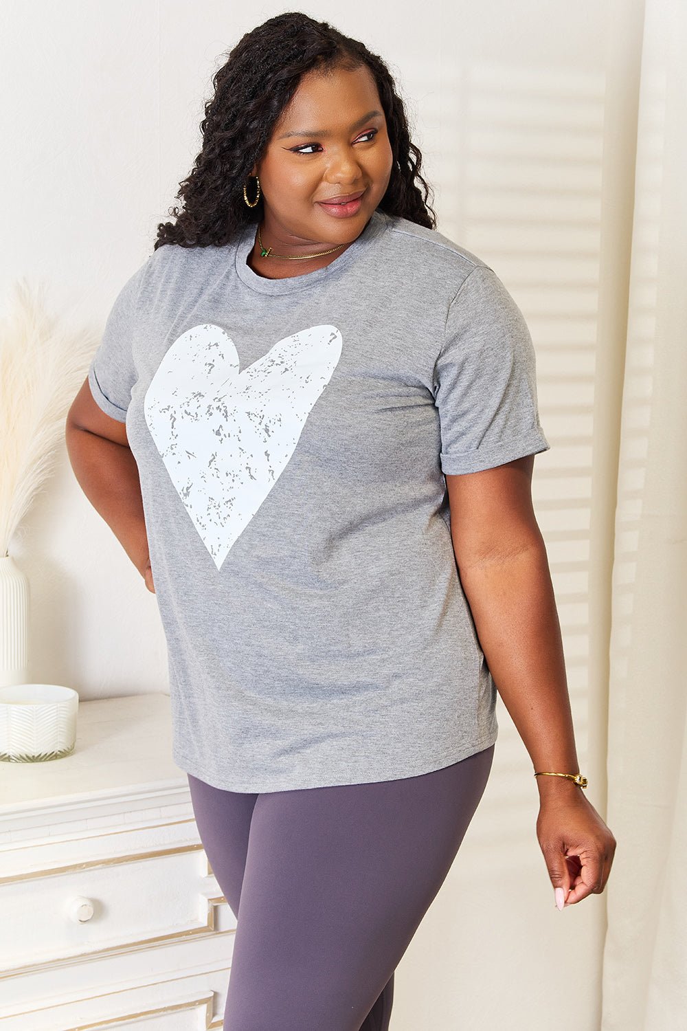 Simply Love - Gray Heart Graphic Cuffed Short Sleeve T-Shirt