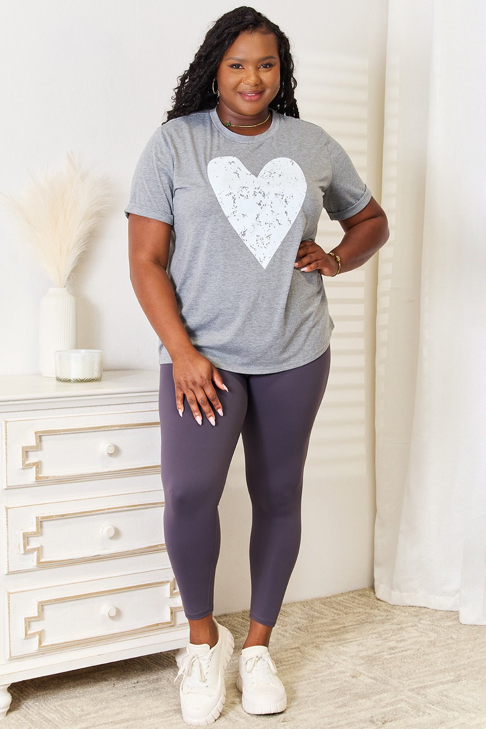 Simply Love - Gray Heart Graphic Cuffed Short Sleeve T-Shirt