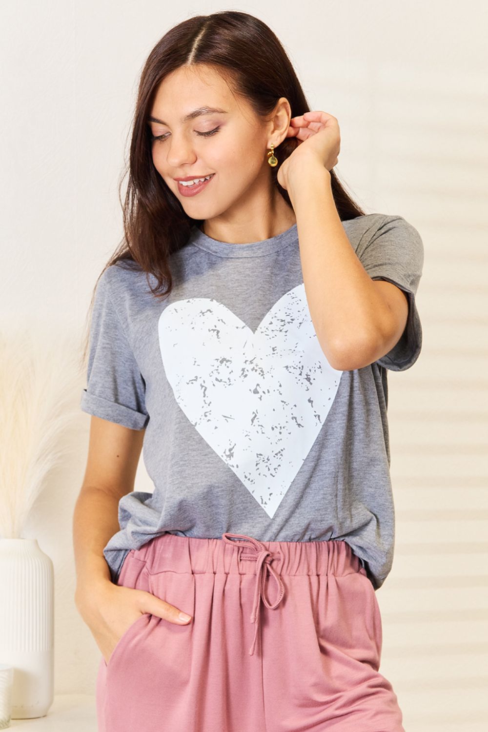 Simply Love - Gray Heart Graphic Cuffed Short Sleeve T-Shirt