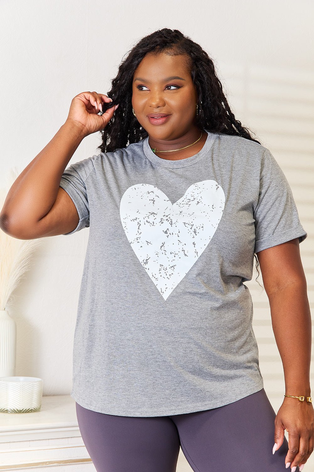 Simply Love - Gray Heart Graphic Cuffed Short Sleeve T-Shirt