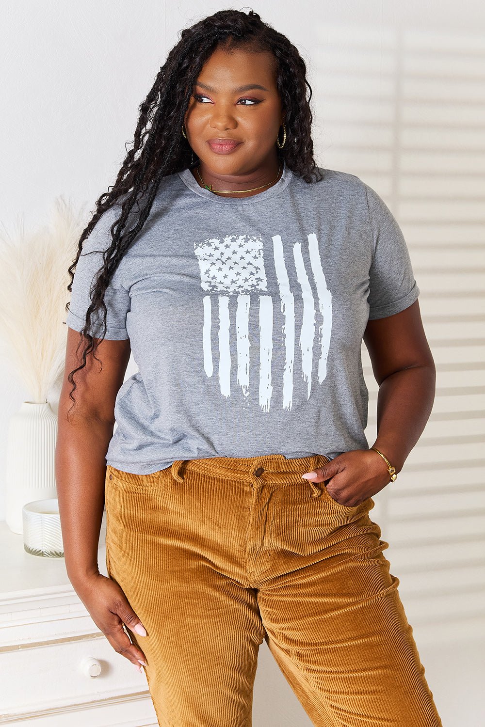 Simply Love - Gray US Flag Graphic Cuffed Sleeve T-Shirt