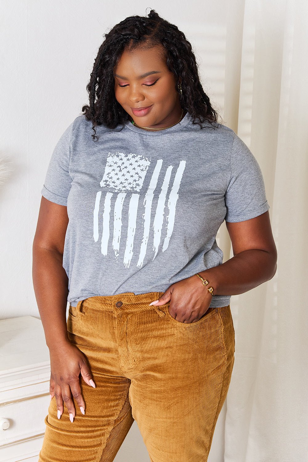 Simply Love - Gray US Flag Graphic Cuffed Sleeve T-Shirt